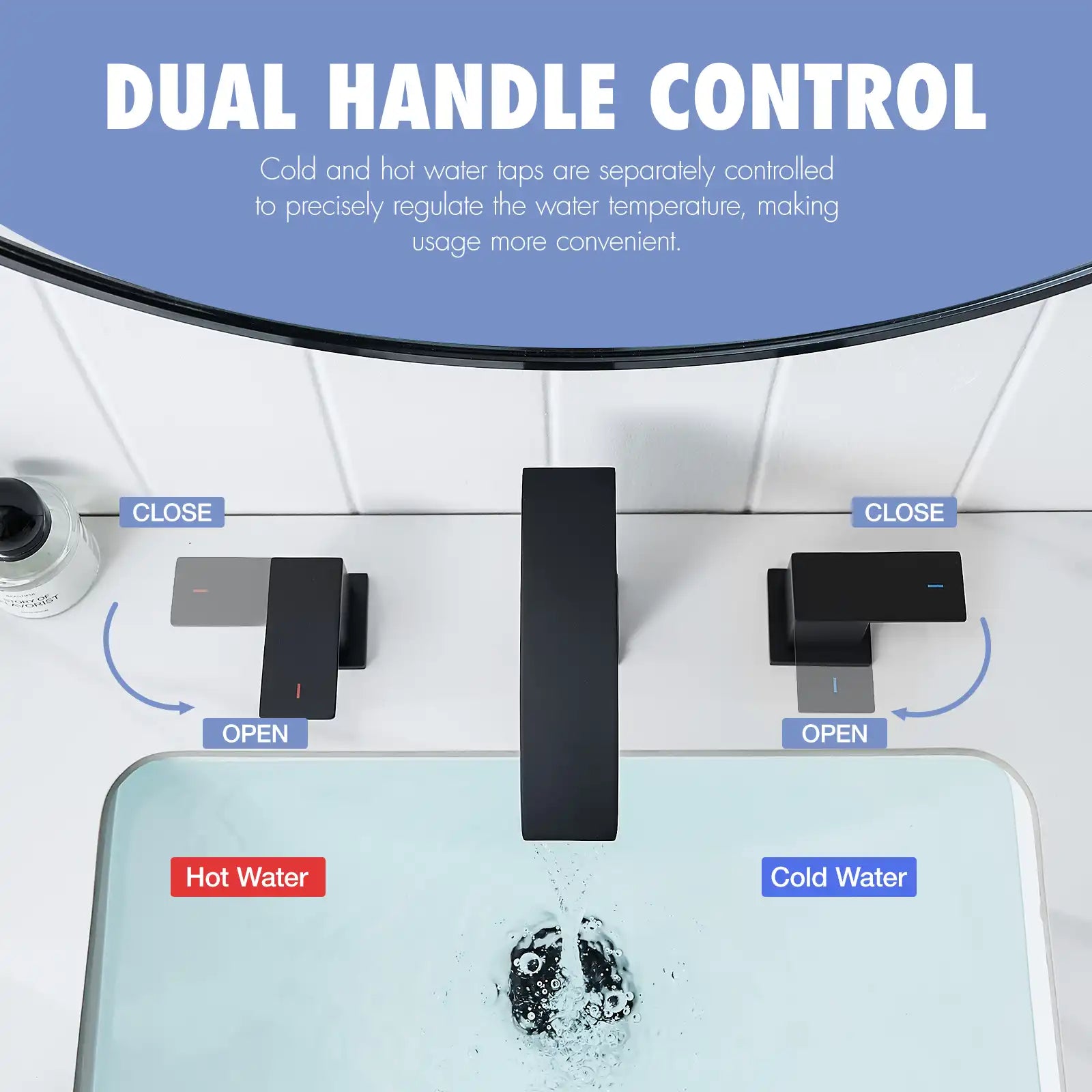 Matte black bathroom faucet with dual handles for precise hot and cold water adjustment