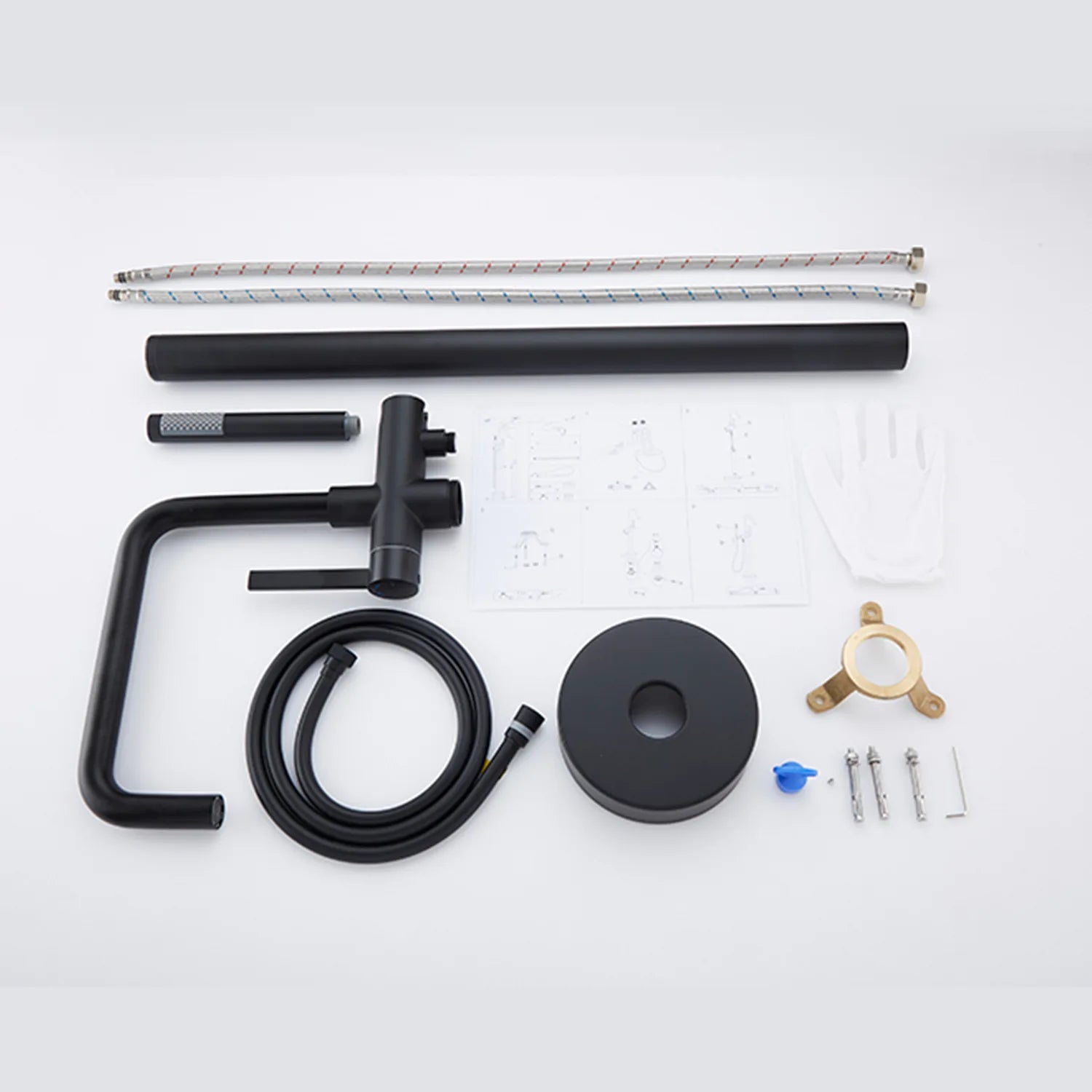 Full set of Black Freestanding Tub Faucet with parts, handheld shower, hoses, mounting hardware and installation accessories.