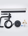 Full set of Black Freestanding Tub Faucet with parts, handheld shower, hoses, mounting hardware and installation accessories.