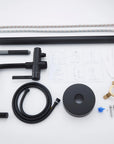 Full set of Black Freestanding Tub Faucet with parts, handheld shower, hoses, mounting hardware and installation accessories.