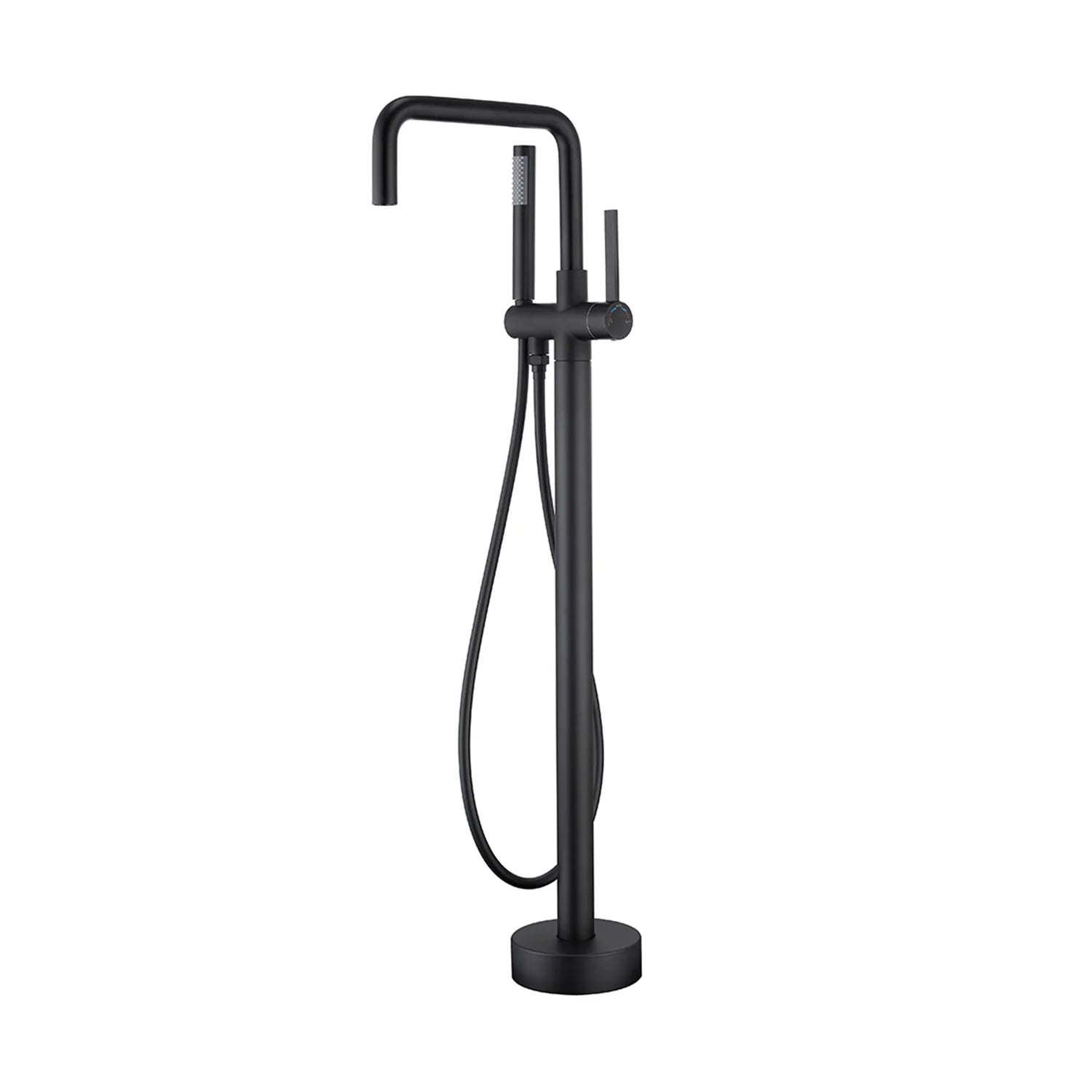 Modern Black Freestanding Tub Faucet with handheld shower, floor mounted design for contemporary bathroom.