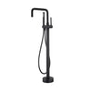 Modern Black Freestanding Tub Faucet with handheld shower, floor mounted design for contemporary bathroom.