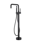 Modern Black Freestanding Tub Faucet with handheld shower, floor mounted design for contemporary bathroom.