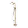 Brushed Gold Freestanding Tub Faucet with Handheld Shower – Modern Floor Mount Bathtub Filler, Durable Brass Construction, Luxury Bathroom Fixture.
