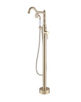 Brushed Gold Freestanding Tub Faucet with Handheld Shower – Modern Floor Mount Bathtub Filler, Durable Brass Construction, Luxury Bathroom Fixture.