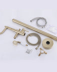 Full set of brushed gold freestanding tub faucet — faucet body, shower gead, hose, base plate, mounting hardware and accessories.