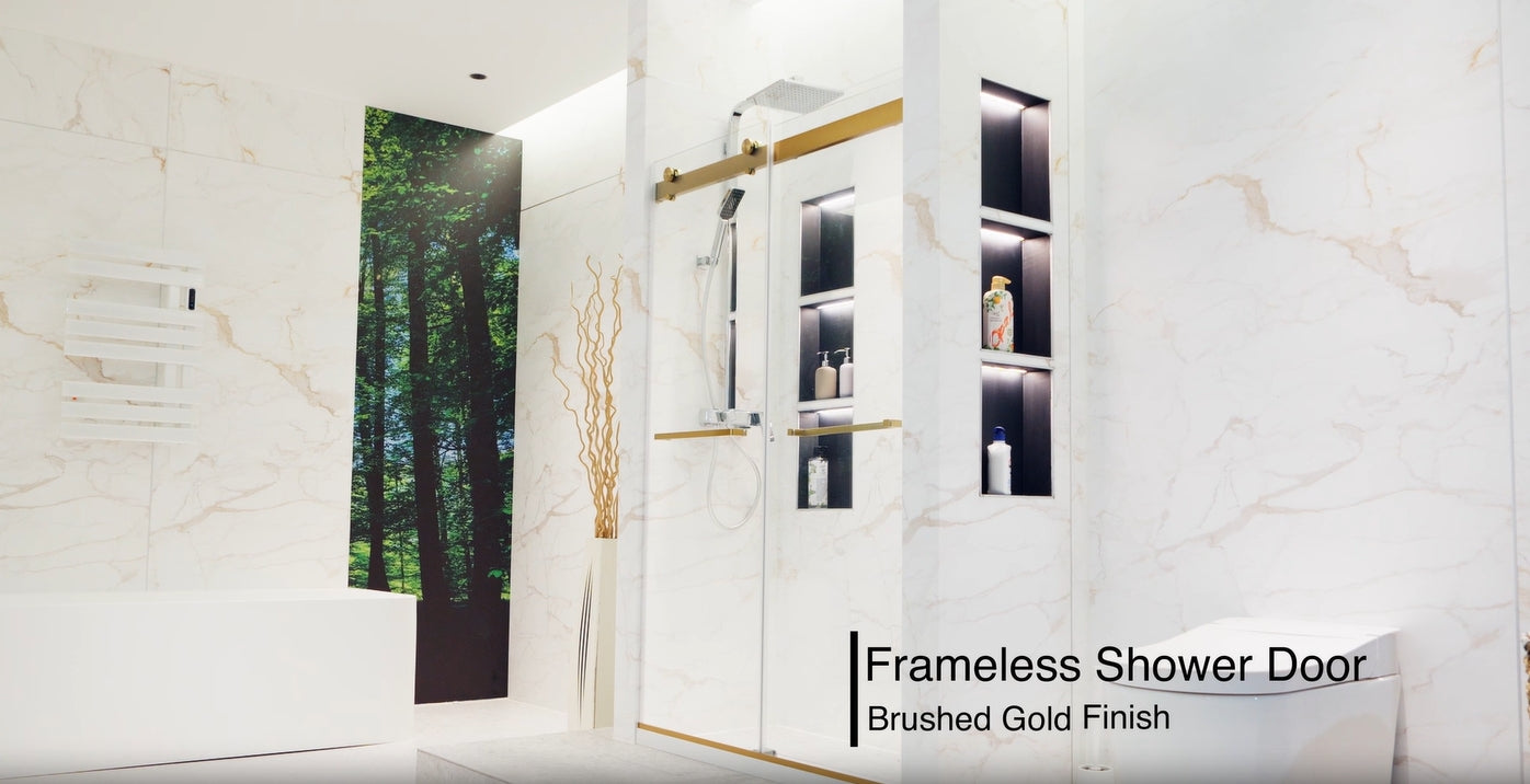3D animated scene showing a frameless shower door with gold hardware in a modern bathroom setting. | Ace Decor