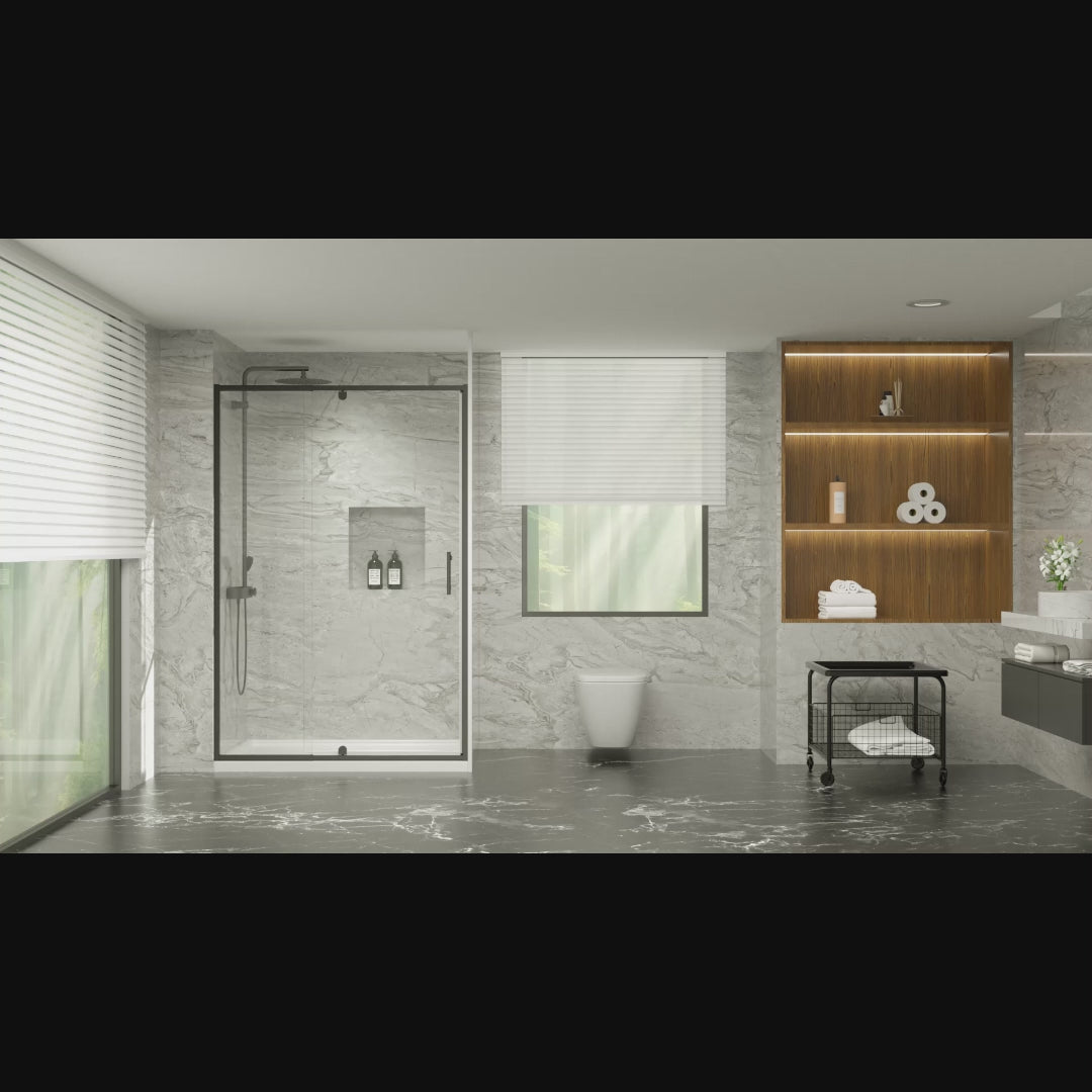 Rendering video of pivot shower door with clear tempered glass and chrome handle, showing modern bathroom design | Ace Decor