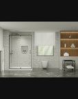 Rendering video of pivot shower door with clear tempered glass and chrome handle, showing modern bathroom design | Ace Decor