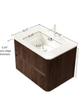 Ravello Series 30" Retro Walnut Wall-Mounted Vanity detailed dimensions with basin measurements.