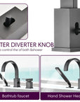 FLUNIX Matte Black Waterfall Roman Tub Faucet Set Water Diverter Knob Close-up.