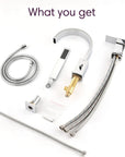 Complete package of FLUNIX Chrome Waterfall Roman Tub Faucet including spout, handheld shower, hoses, and installation parts.
