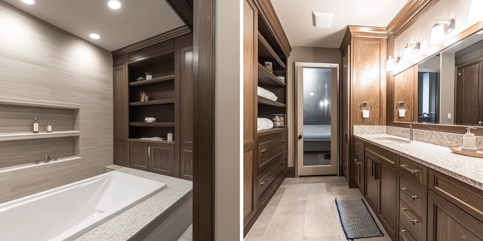 Luxury built-in cabinets in bathroom with rich wood finishes, ample storage, and elegant vanity design.