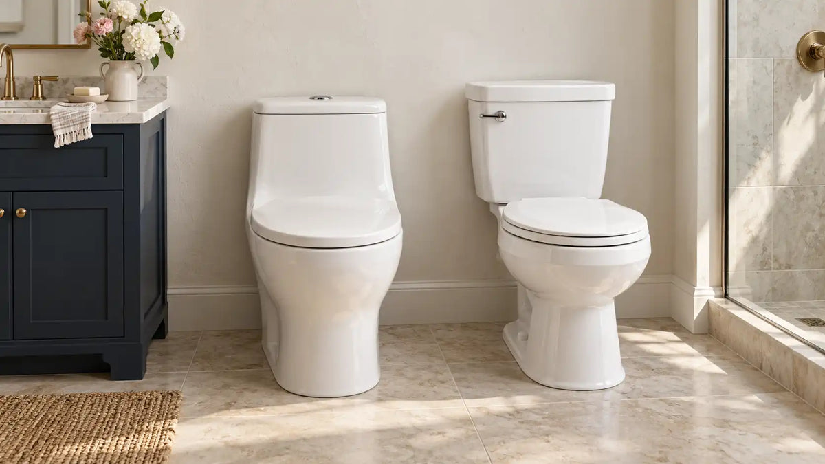 A seamless one-piece toilet beside a two-piece toilet with a separate tank.