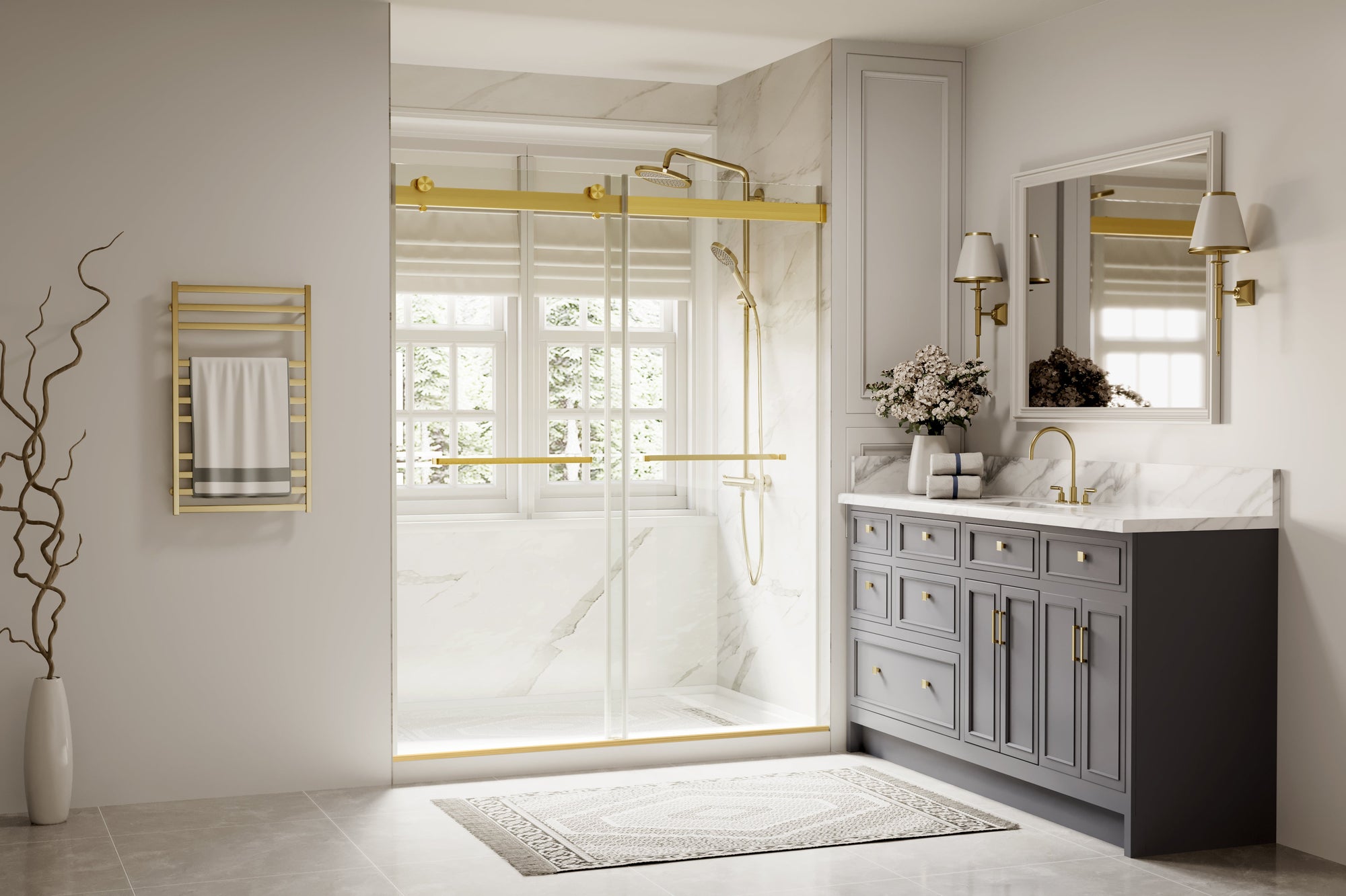 Luxury bathroom with gold shower door, marble tiles, wood vanity, and large mirror. Modern minimalist design.​