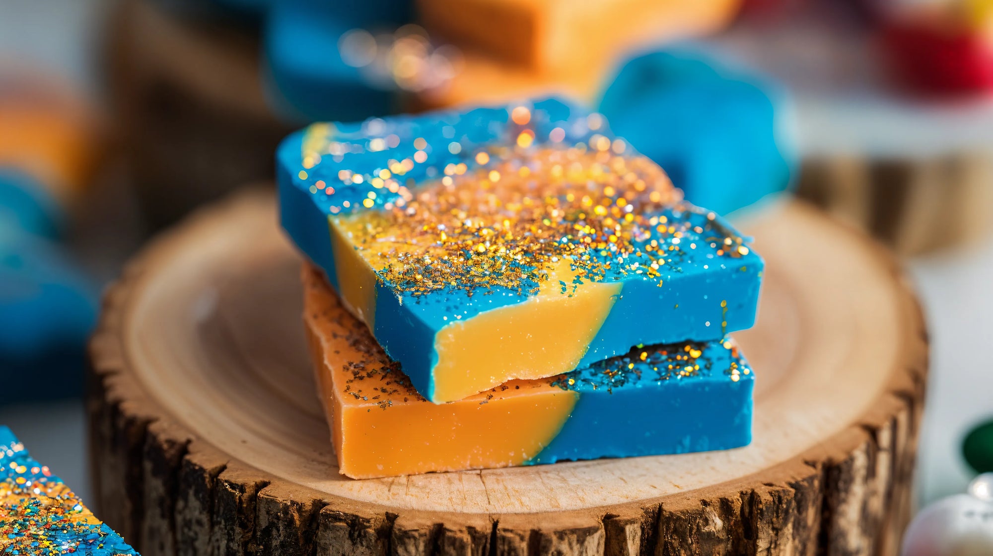 Artisan Handmade Soap: Vibrant dual-layered blue and orange bars adorned with golden glitter, crafted for luxurious skincare. Natural, colorful, and exquisitely textured.