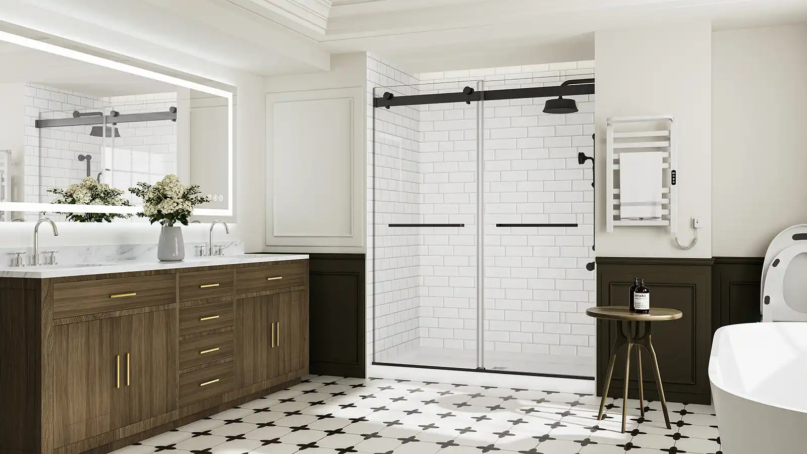 A stylish bathroom featuring a frameless sliding shower door with a modern design. | ACE DECOR