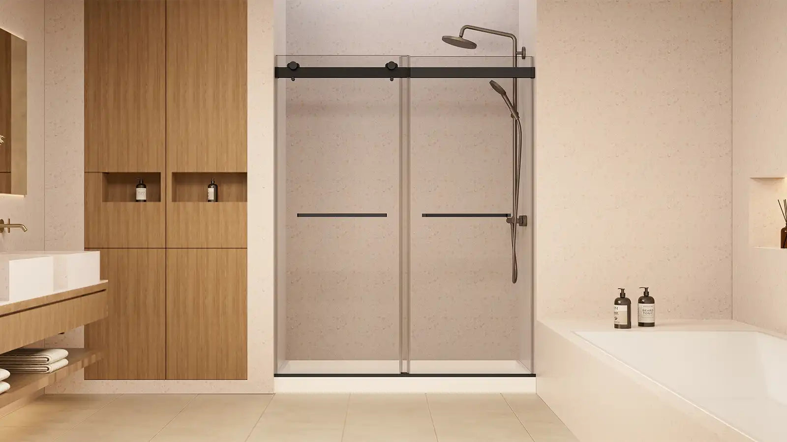 Frameless sliding glass shower doors with black hardware in a modern bathroom with wooden storage