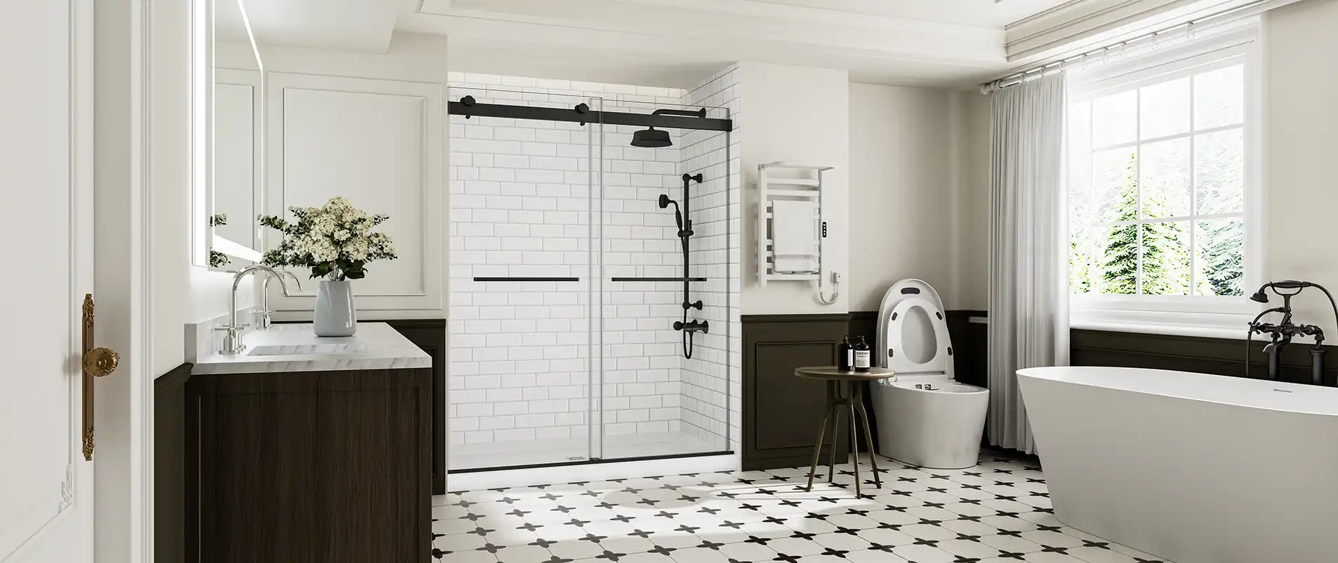 A modern bathroom featuring black hardware, white subway tiles, and one of the best sliding shower doors in matte black finish, blending elegance with durability. | ACE DECOR