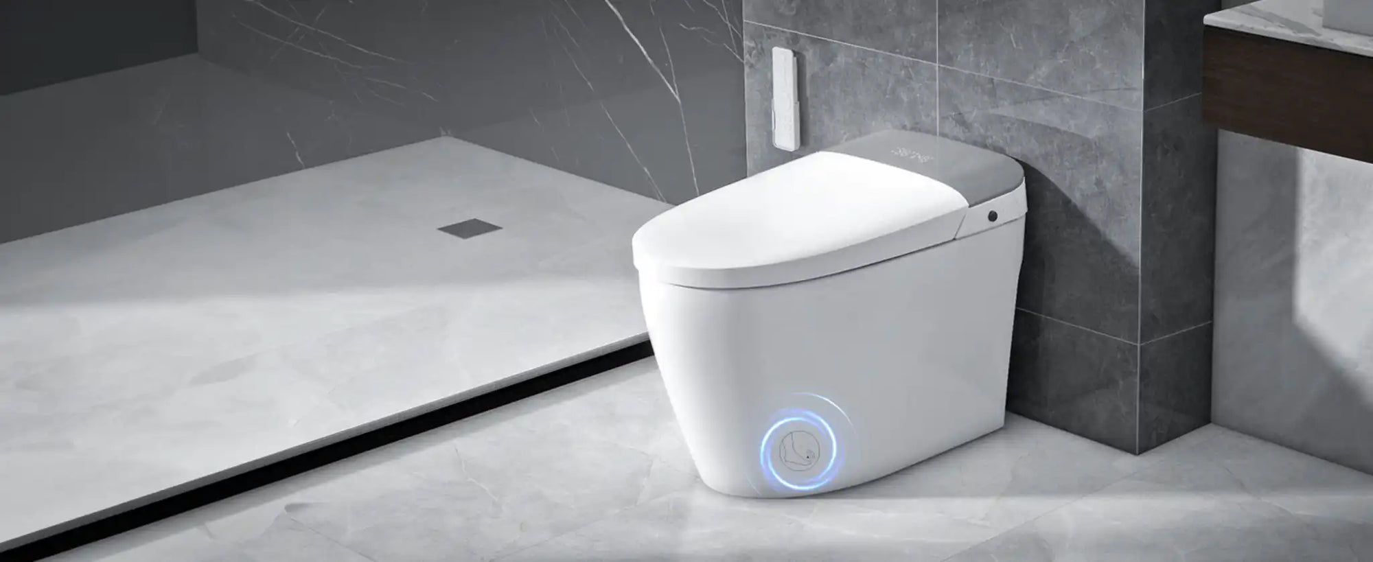 Smart toilet with blue LED ring highlighting what is a smart toilet in tech style