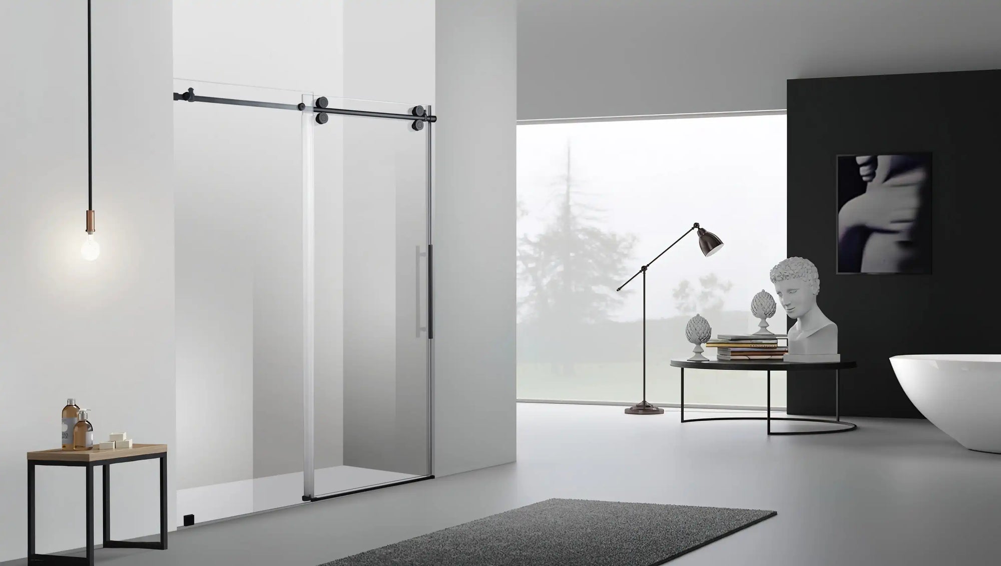 Minimalist bathroom featuring a matte black frameless glass sliding shower door installation