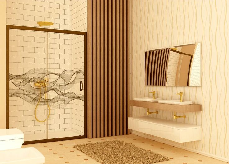 Modern sliding shower glass doors with artistic wave pattern and matte black frame.