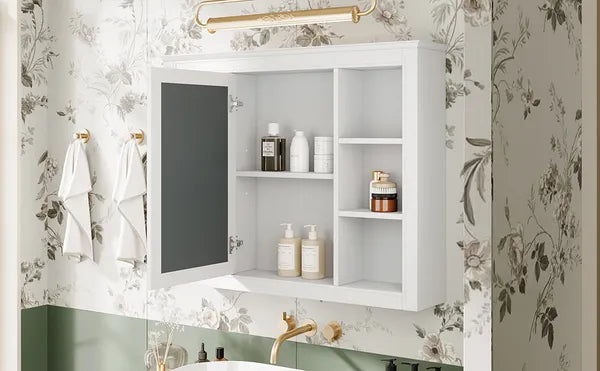 Wall-mounted small mirrored medicine cabinet with open shelves and internal storage compartments