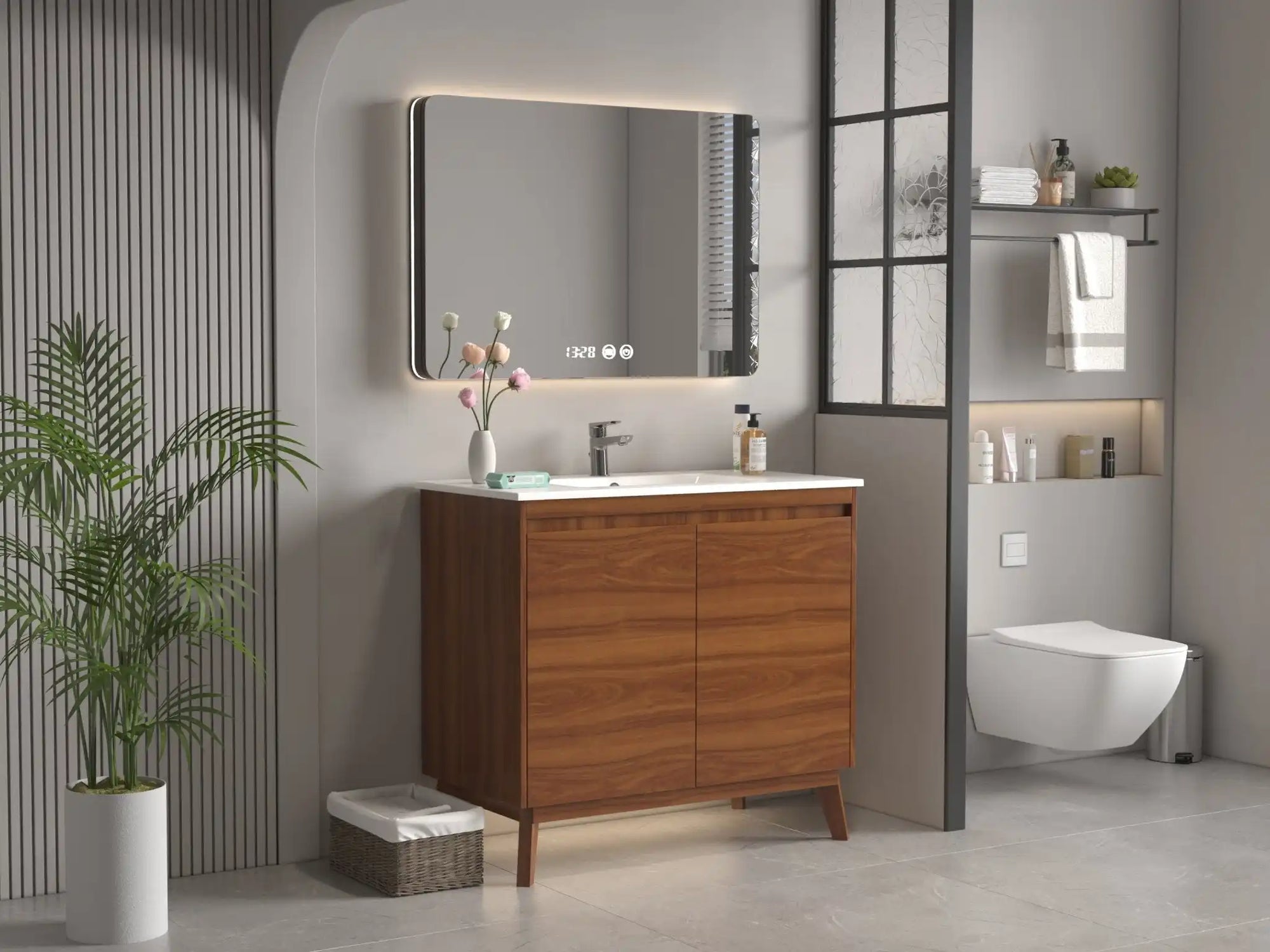Modern brown vanity bathroom with LED mirror and minimalist design