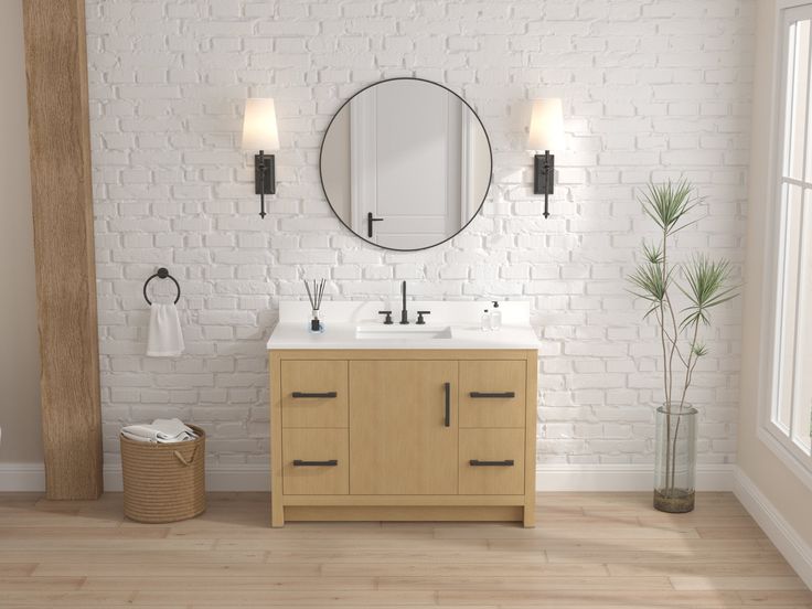 Light oak bathroom cabinets sets with black hardware and quartz top