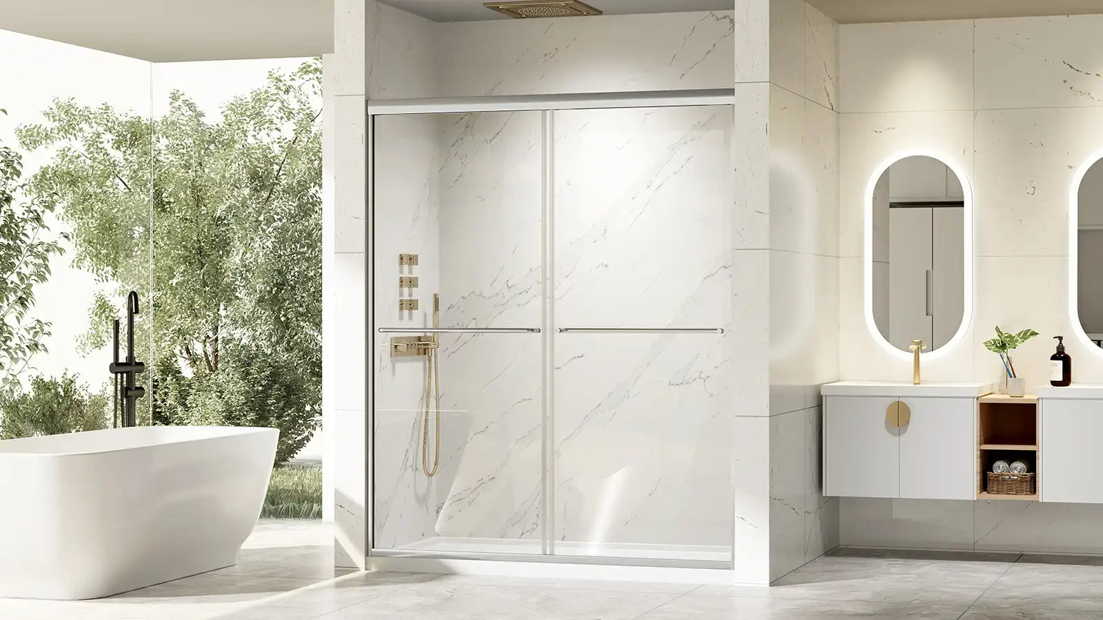 A modern bathroom featuring a sleek shower glass door sliding system with a minimalist double-panel design and gold fixtures. | ACE DECOR