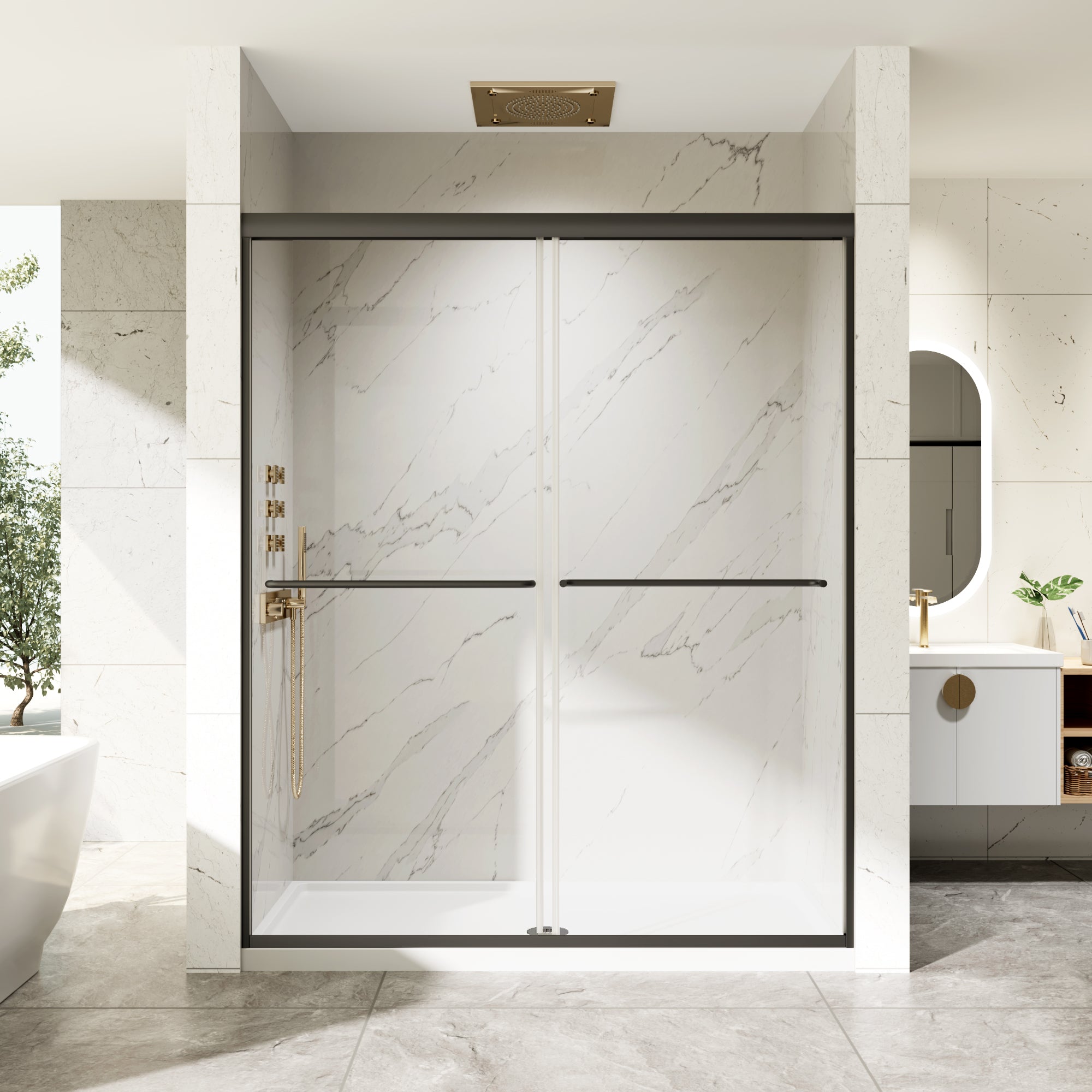 Modern framed shower door with sleek black frame, marble tiles in minimalist luxury bathroom design.