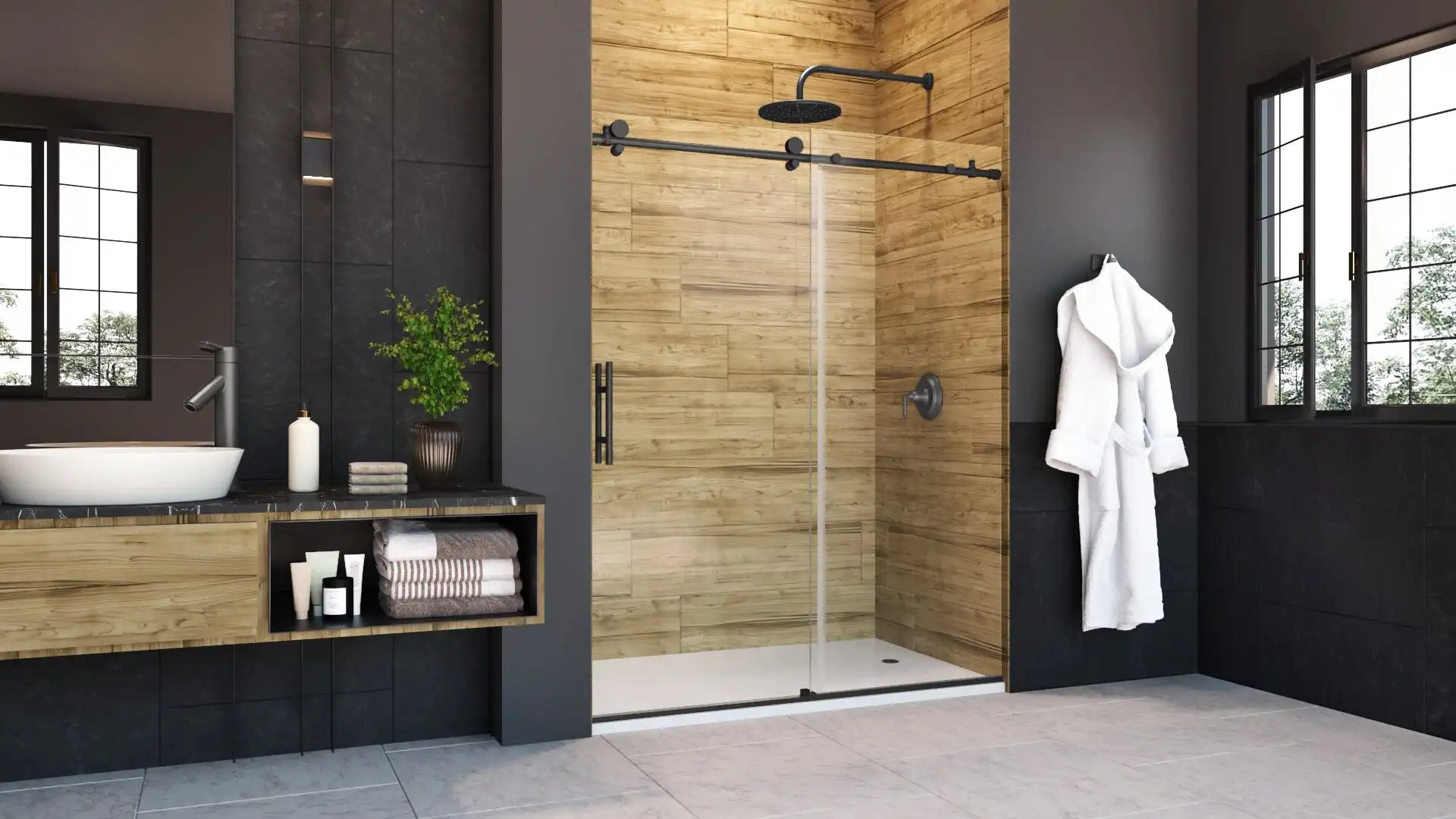 Modern bathroom with frameless glass sliding shower doors and wooden accents