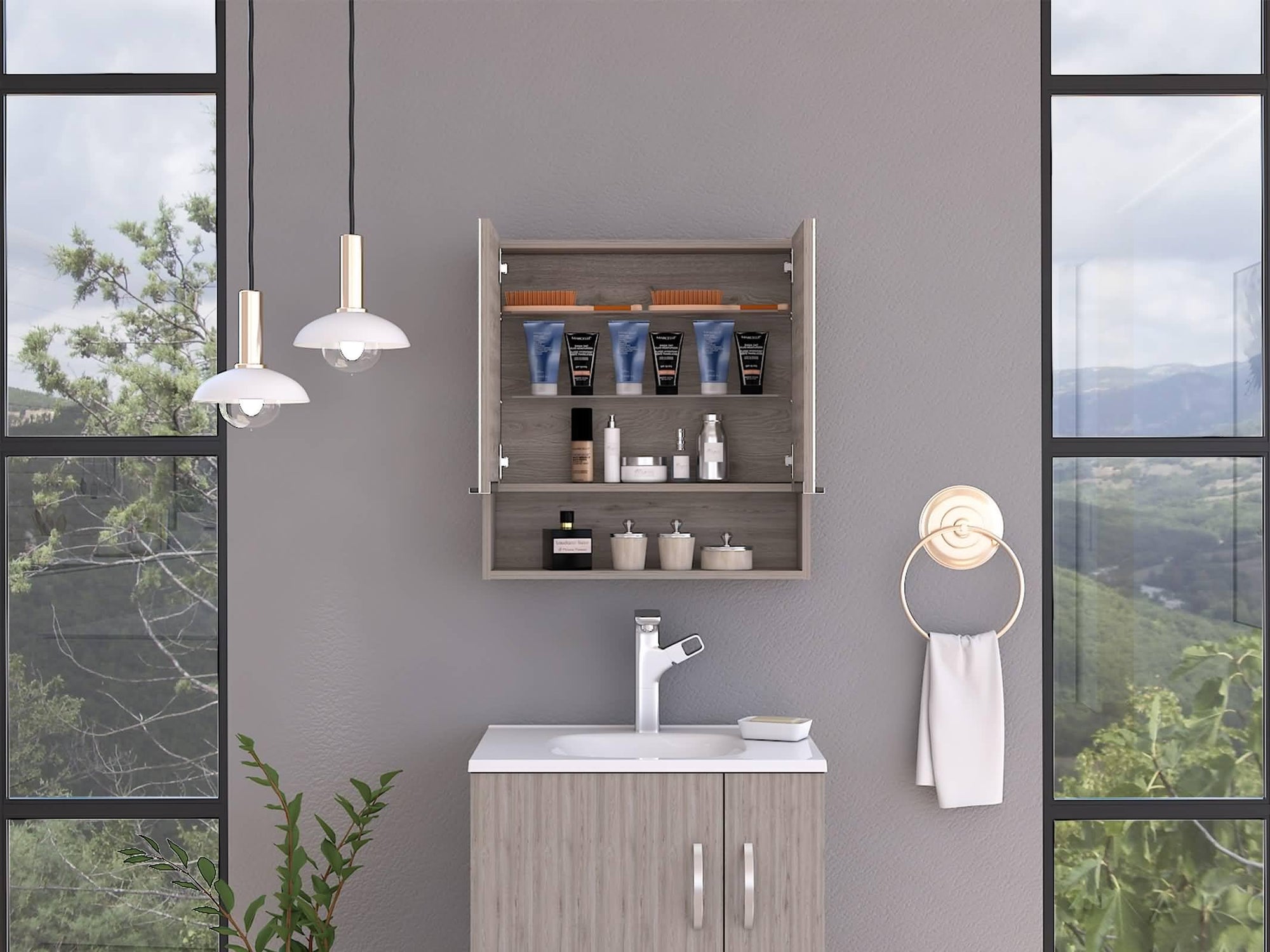 Wall-mounted rectangle medicine cabinet with mirror open to reveal organized bathroom storage.