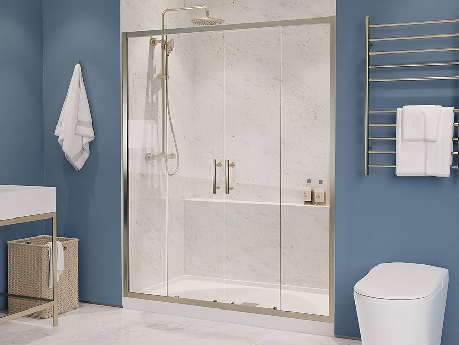 Elegant glass shower door with metal frame, showcasing the ideal surface for the best paint for metal shower door frame to resist moisture.