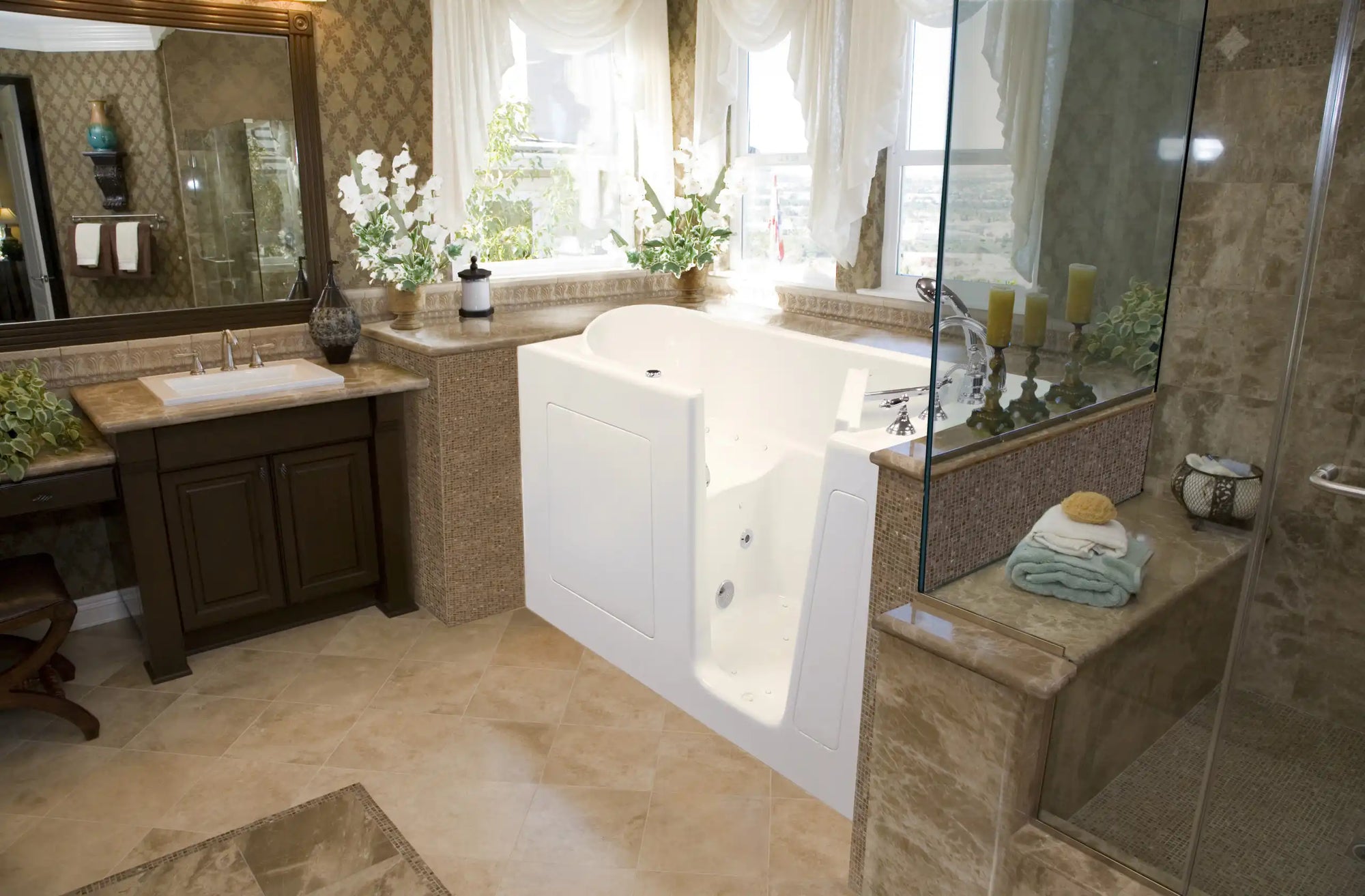 This image shows a luxurious bathroom featuring a walk-in bathtub designed for accessibility and comfort, perfect as bathtubs for elderly. |ACE DECOR
