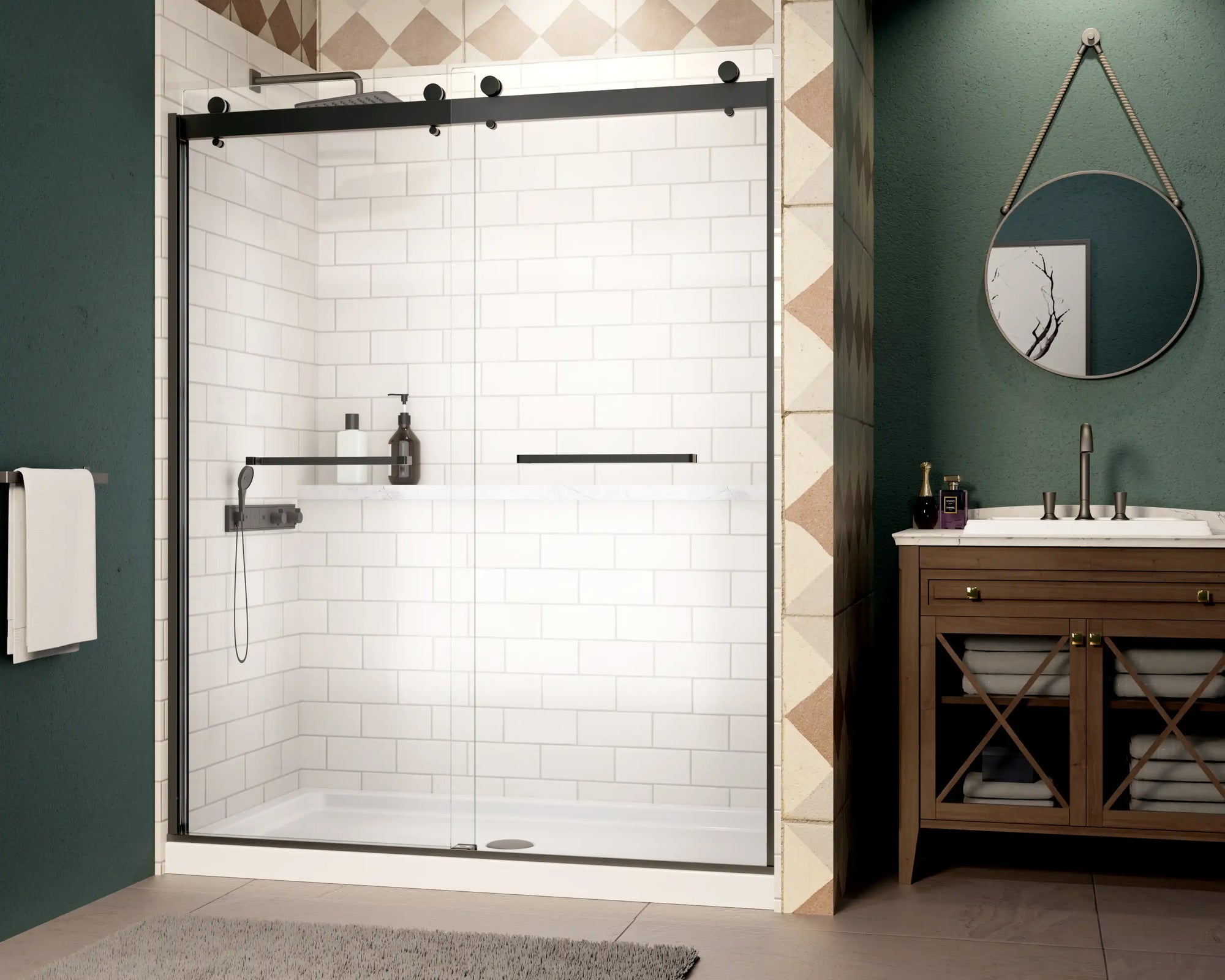 A modern bathroom featuring sleek bypass sliding shower doors with matte black hardware and a minimalist design. | ACE DECOR