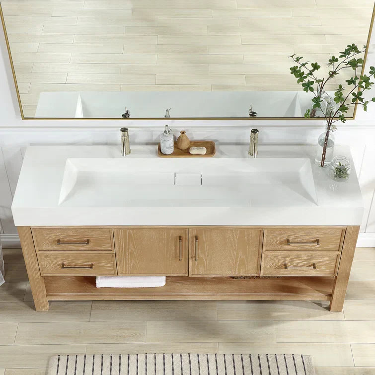 Minimalist double sink bathroom vanity with oak cabinet and white countertop, 72 inches wide | ACE DECOR