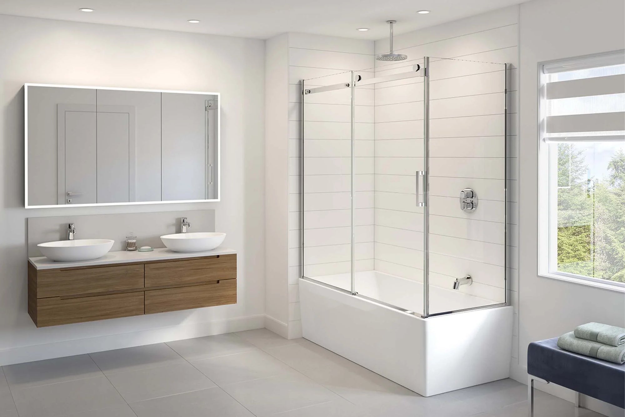 a modern bathroom with a bathtub glass door, a double vanity with vessel sinks, a large illuminated mirror, and a sleek minimalist design. | ACE DECOR