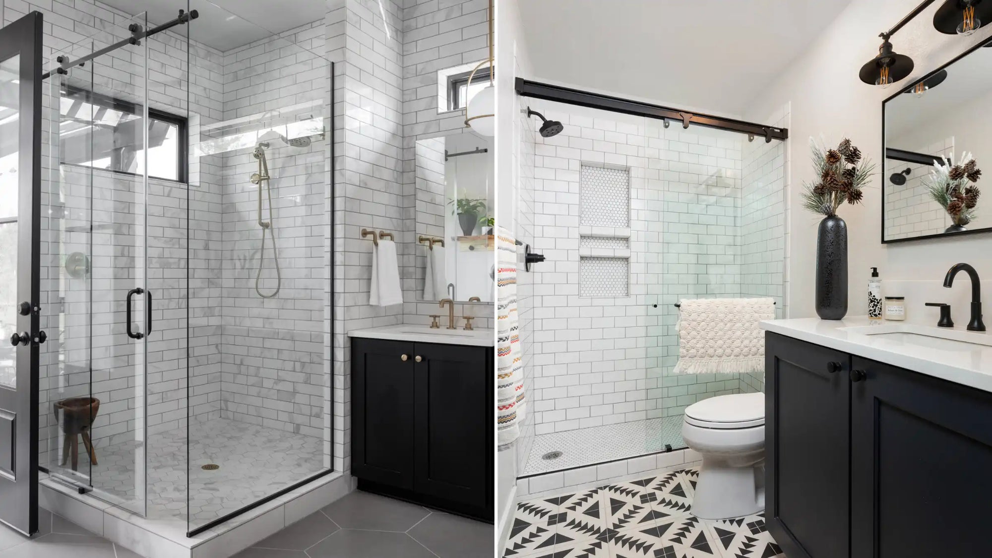 Side-by-side comparison of frameless vs framed shower doors in modern bathrooms. | ACE DECOR
