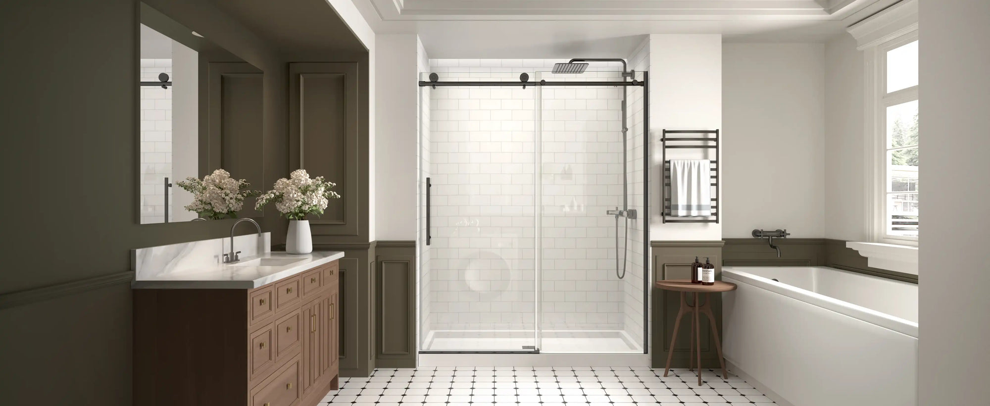 A modern bathroom featuring a frameless sliding glass shower door, matte black hardware, and a clean, timeless design aesthetic. | ACE DECOR