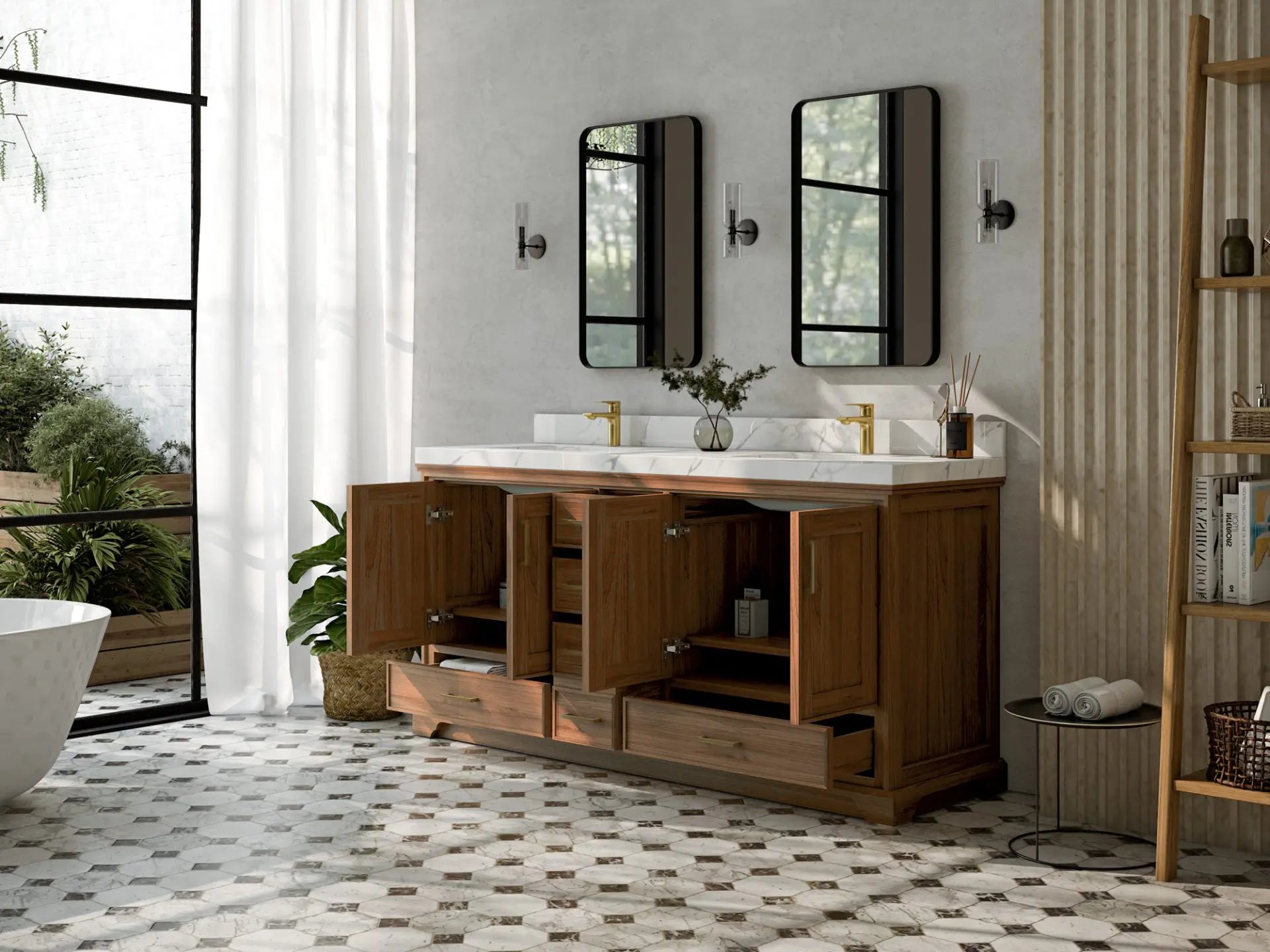 a beautifully designed 72 vanity bathroom with natural wood cabinetry, marble flooring, and sleek, modern fixtures. | ACE DECOR