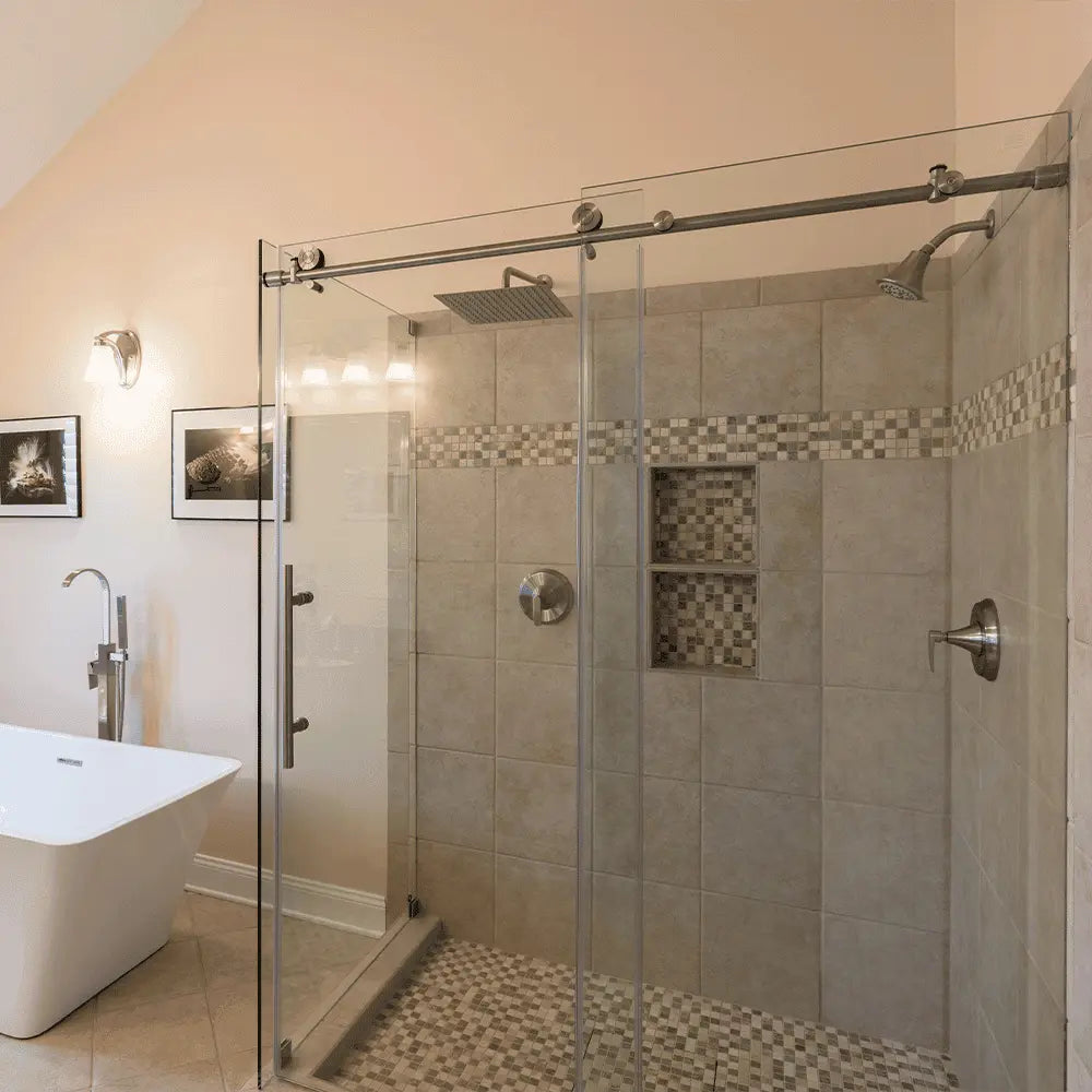 a stylish bathroom with frameless sliding shower doors, offering a modern and sleek design. | ACE DECOR