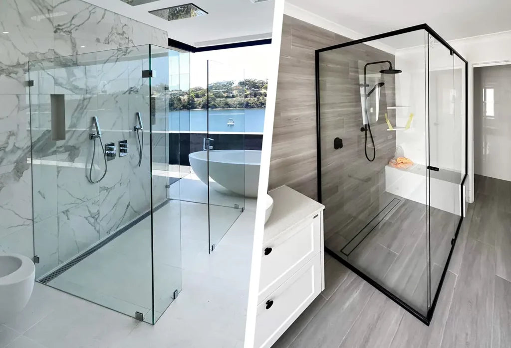 A side-by-side comparison of a frameless shower door (left) and a semi-frameless shower door with a black frame (right) in modern bathroom settings. | ACE DECOR