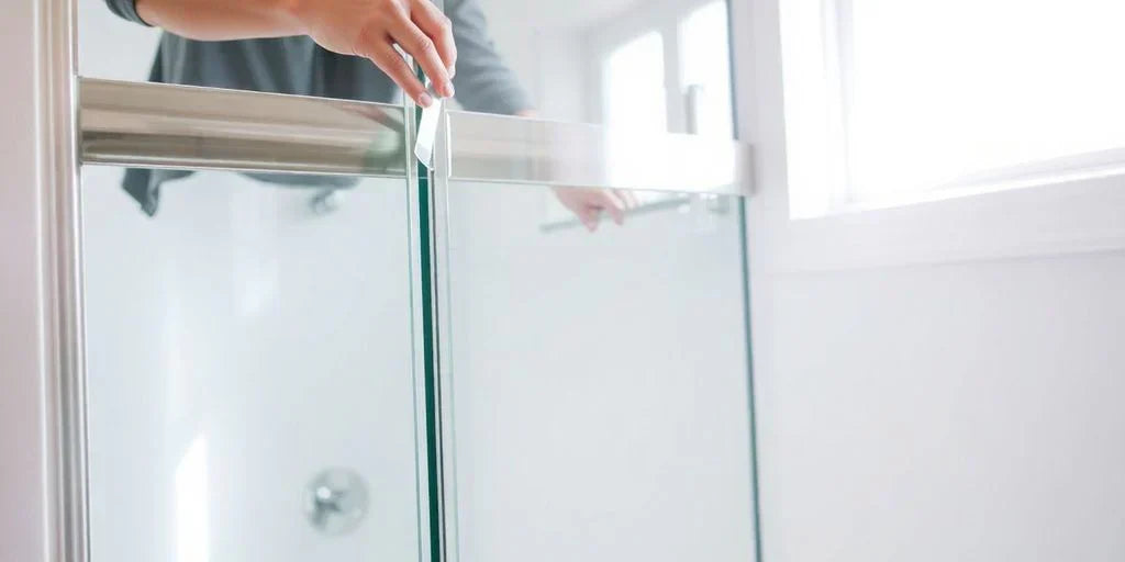 a person sliding a frameless glass shower door installed on a bathtub. | ACE DECOR