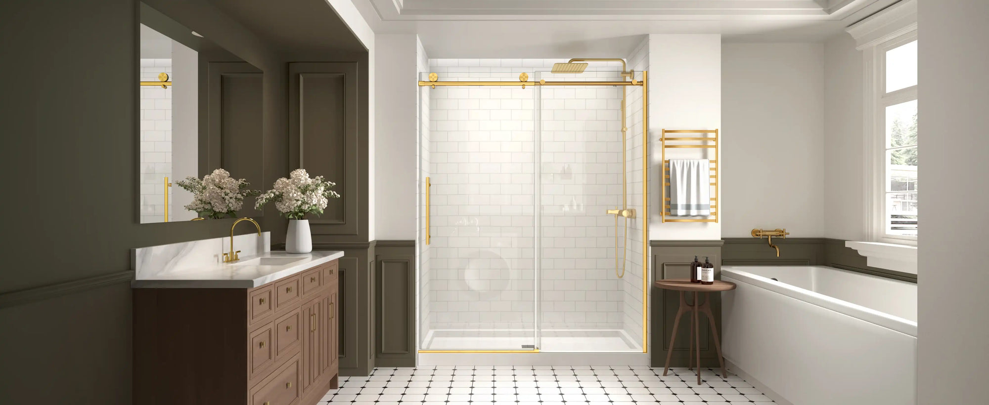 A modern bathroom featuring gold-trimmed sliding glass doors for walk in shower, paired with elegant fixtures and classic tile flooring. | ACE DECOR