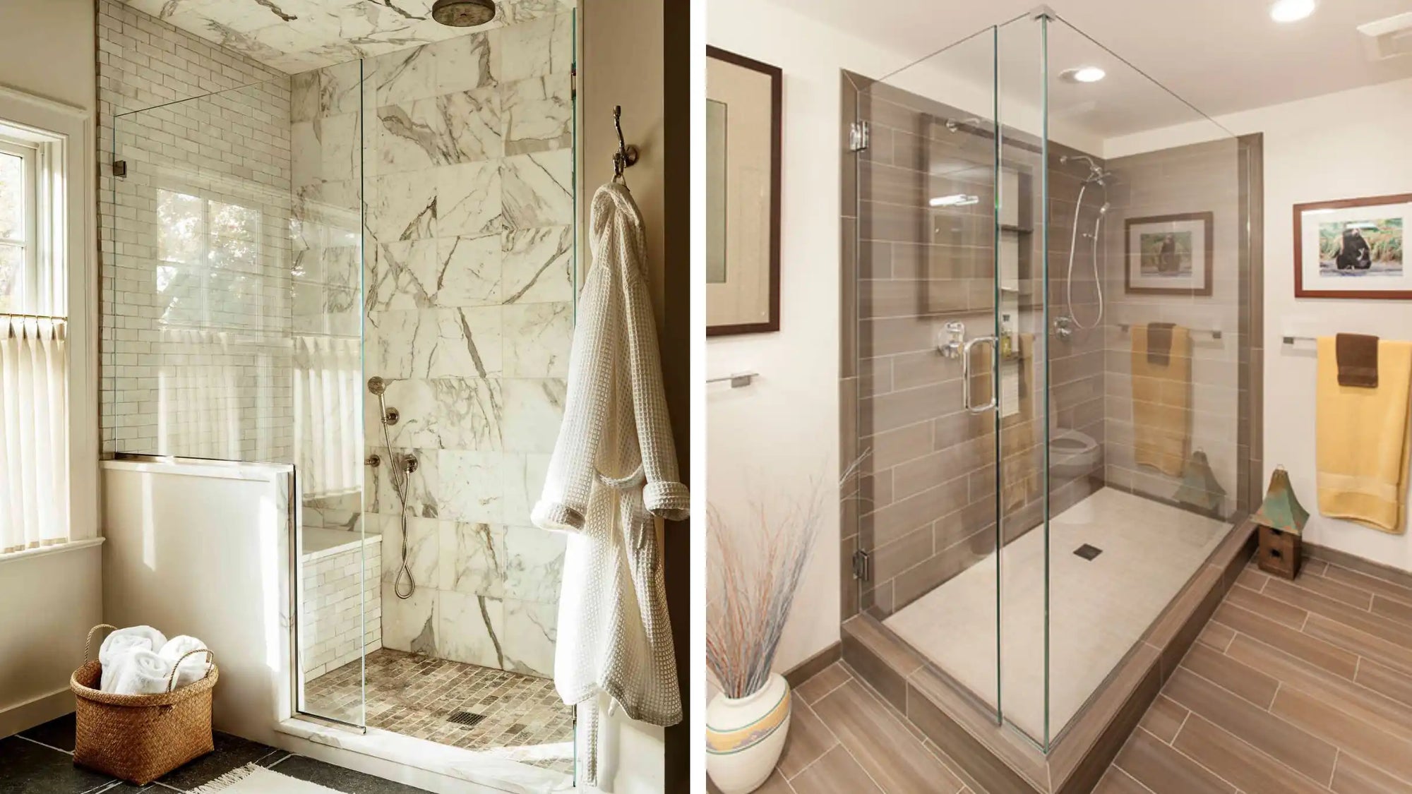 Side-by-side comparison of a shower glass panel half wall versus a full glass shower enclosure in modern bathroom designs.