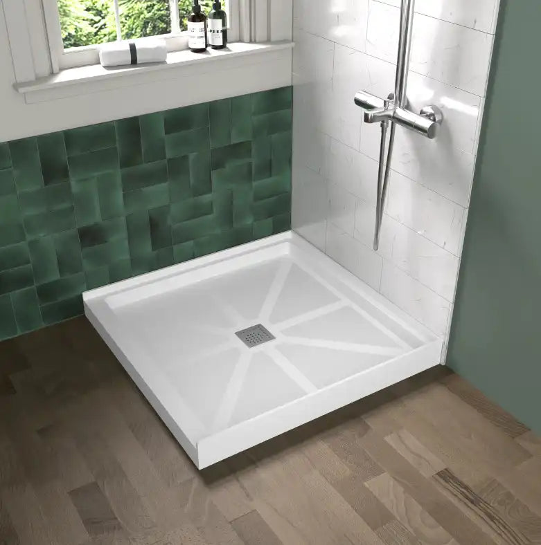 White square, heavy relief tray with straight edges, in the corner of an open bathroom next to green tiles and a wood floor, in the style of hyper-realistic style. | ACE DECOR