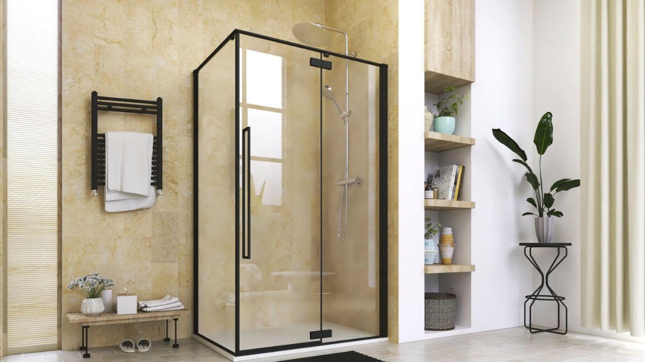 Modern glass and black-framed bathroom door with a transparent closed cabin | ACE DECOR