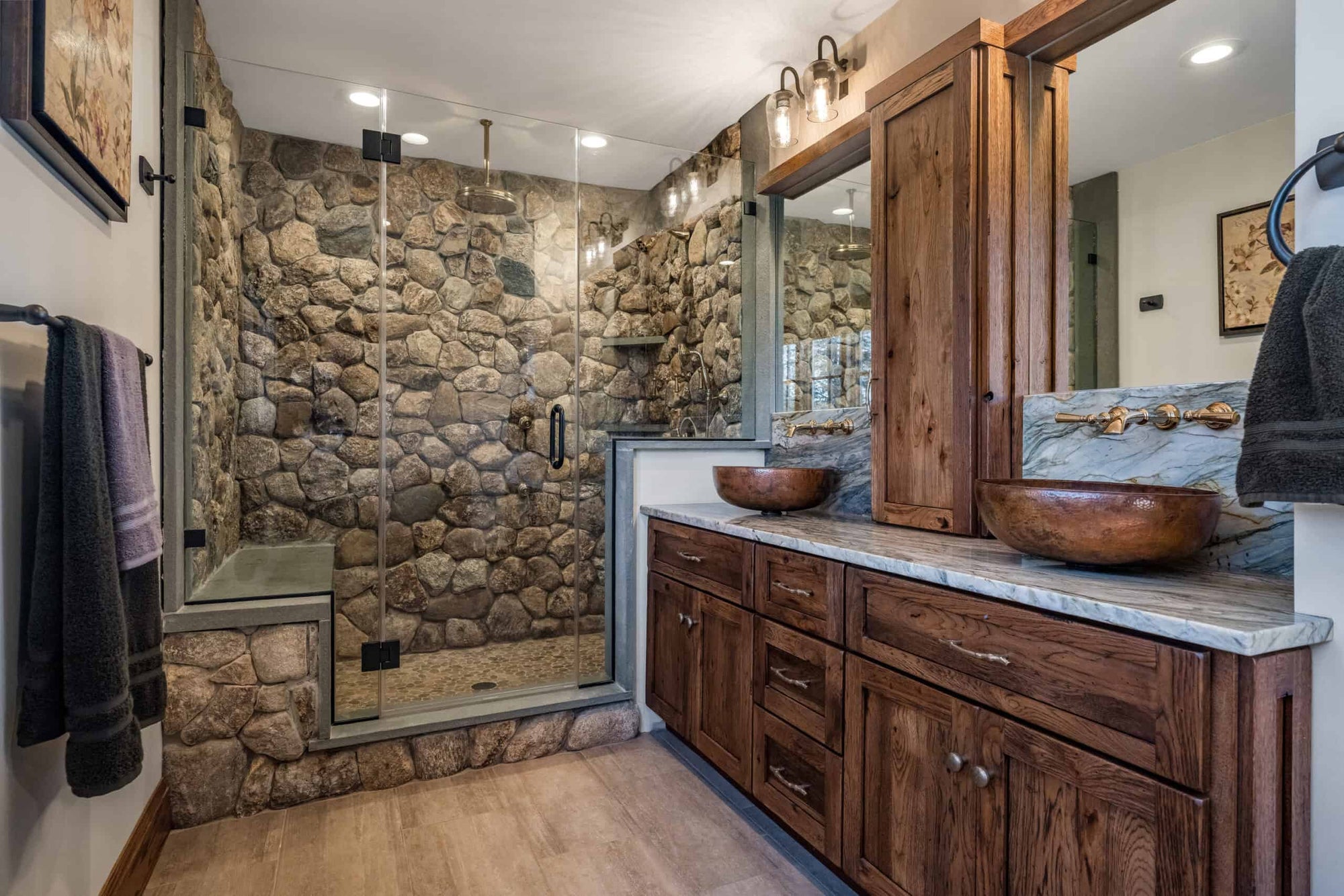 Rustic style bathroom with frameless hinged shower door | ACE DECOR