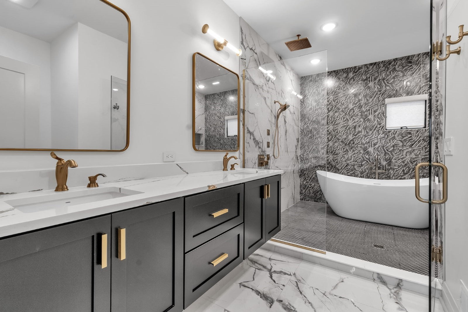 luxury bathroom with a grey vanity | ACE DECOR